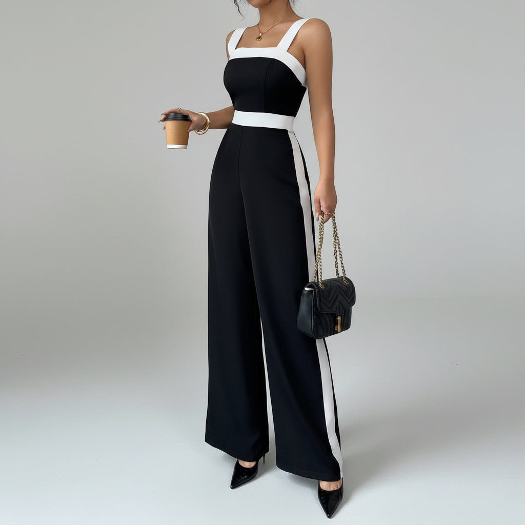 Macacão Decote Quadrado Vivo Contrastante Preto e Branco Lenogue / p