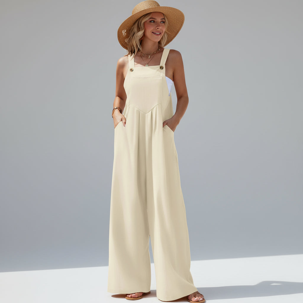 Macacão Estilo étnico Casual Elegante com Perna Larga Lenogue Bege / p