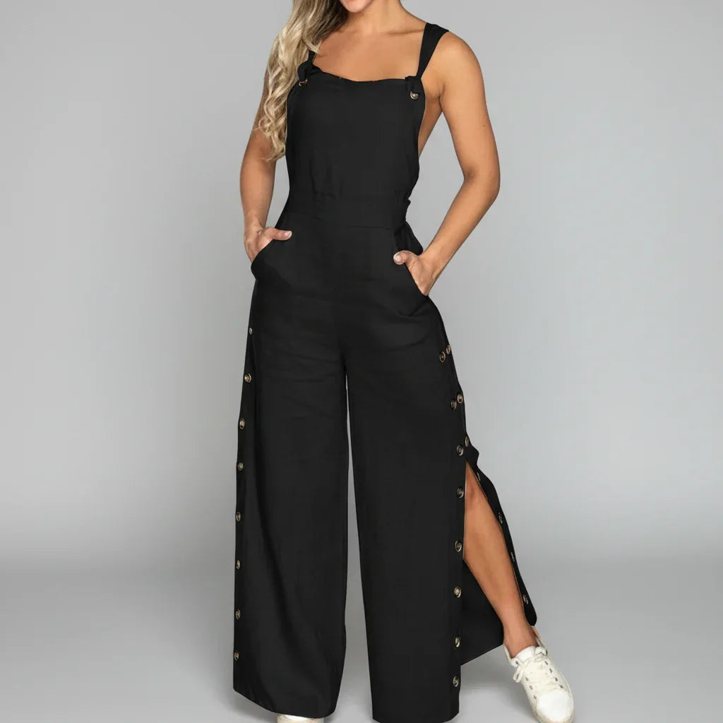 Macacão Jardineira Algodão Linho Alças Ajustáveis Calça Pantalona Lenogue Preto / p