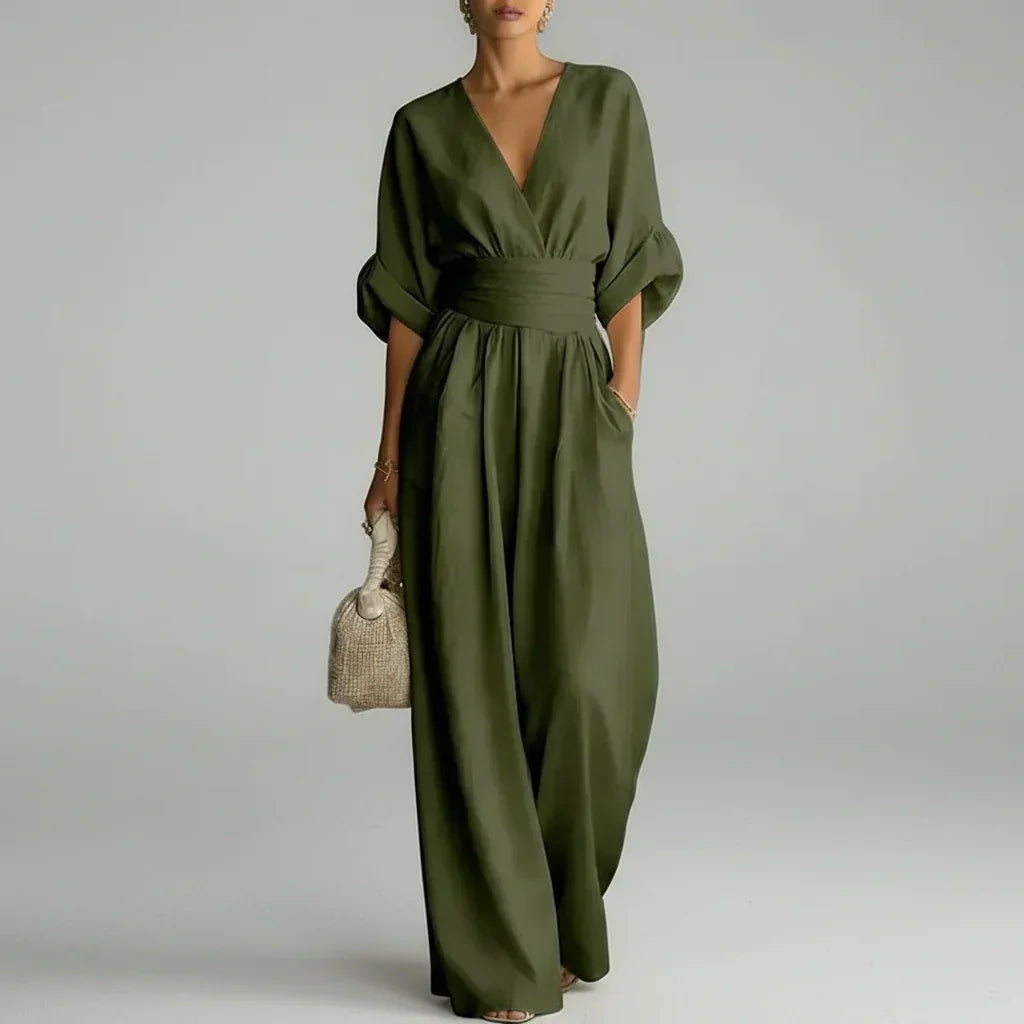 Macacão Longo Chiffon Decote v Wide Leg Franzido élégant Lenogue Verde / p