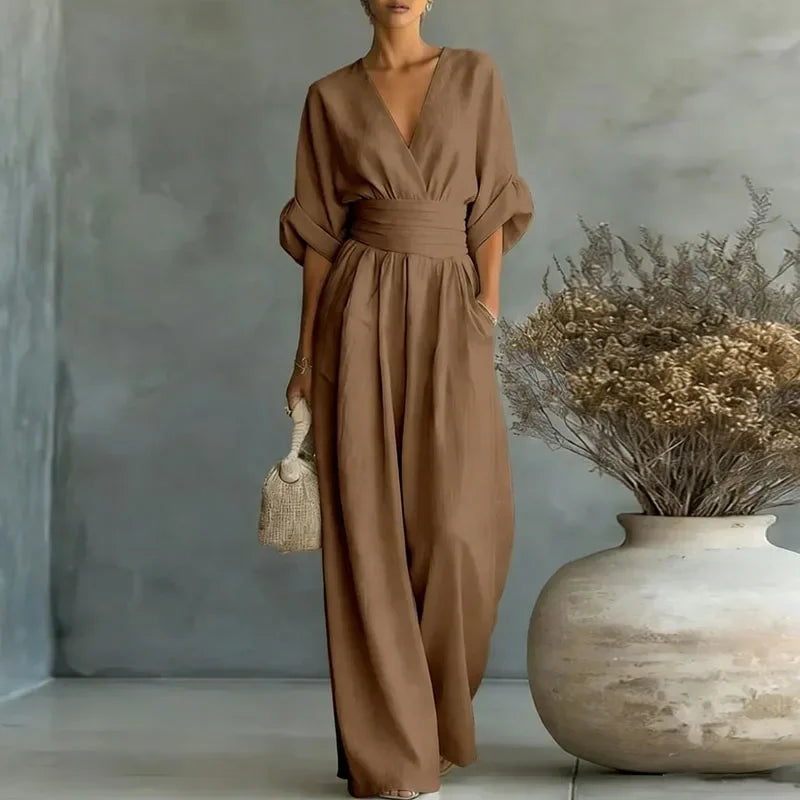 Macacão Longo Chiffon Decote v Wide Leg Franzido élégant Lenogue