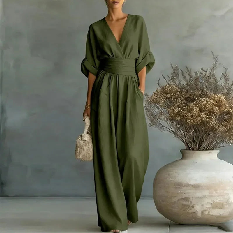 Macacão Longo Chiffon Decote v Wide Leg Franzido élégant Lenogue