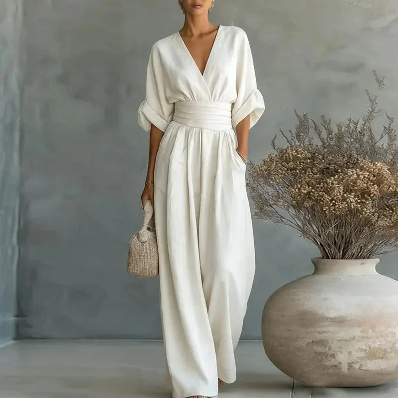 Macacão Longo Chiffon Decote v Wide Leg Franzido élégant Lenogue