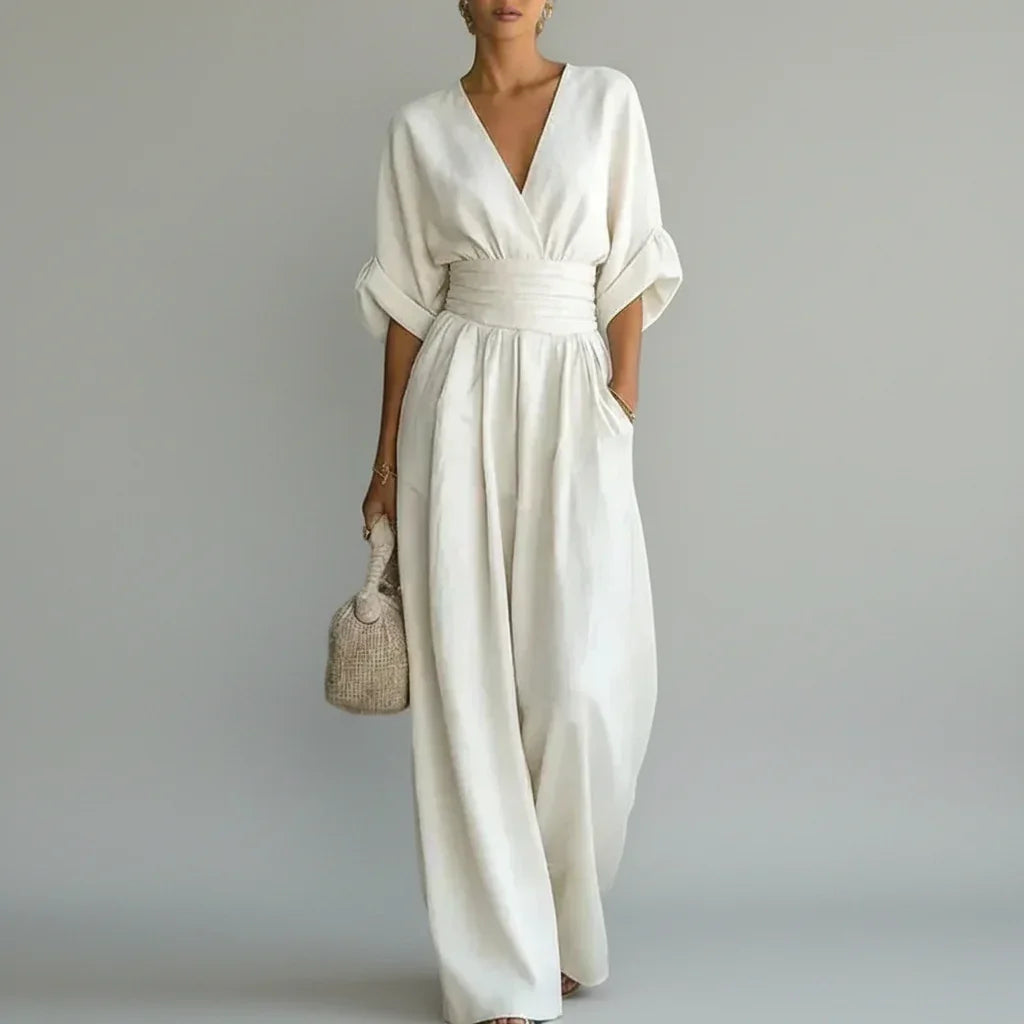 Macacão Longo Chiffon Decote v Wide Leg Franzido élégant Lenogue Branco / p