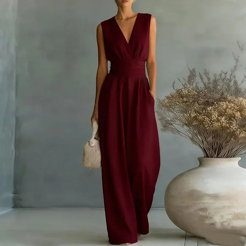 Macacão Longo Chiffon Decote v Wide Leg sem Manga Chic Lenogue