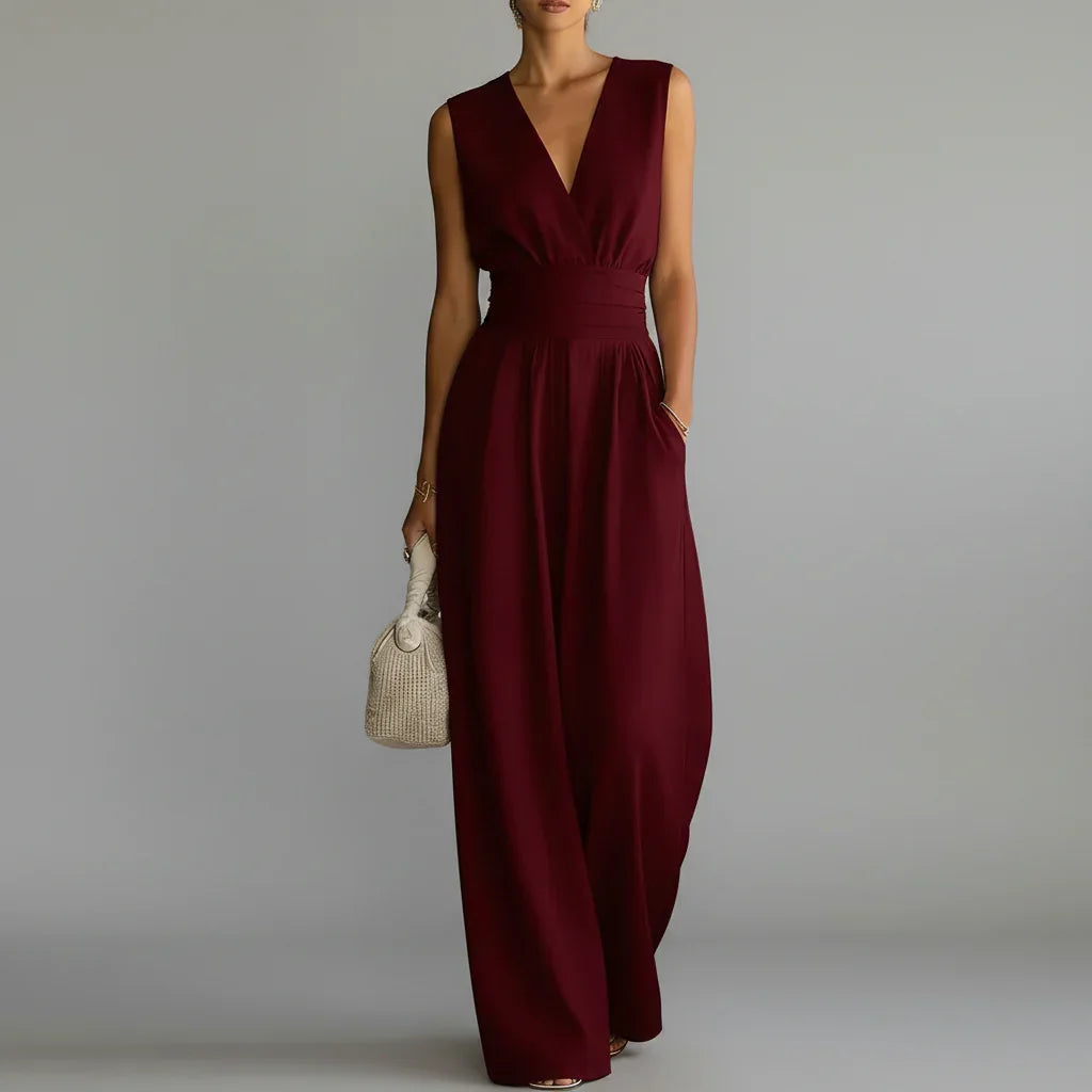 Macacão Longo Chiffon Decote v Wide Leg sem Manga Chic Lenogue Vermelho / p