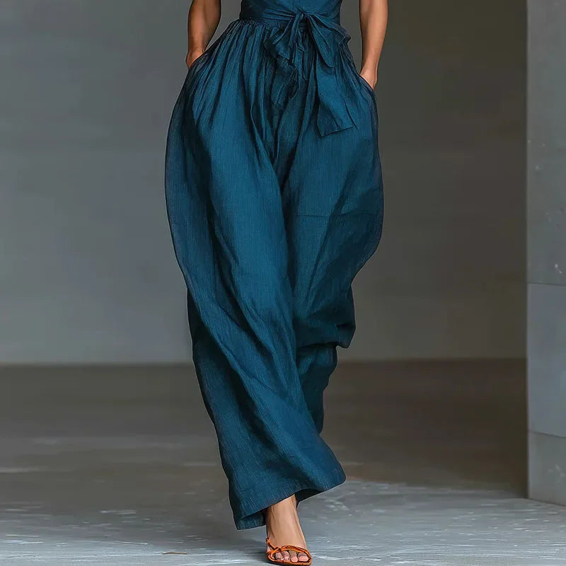 Macacão Longo Halter Backless Wide Leg Amarração élégant Lenogue