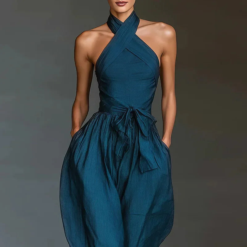 Macacão Longo Halter Backless Wide Leg Amarração élégant Lenogue