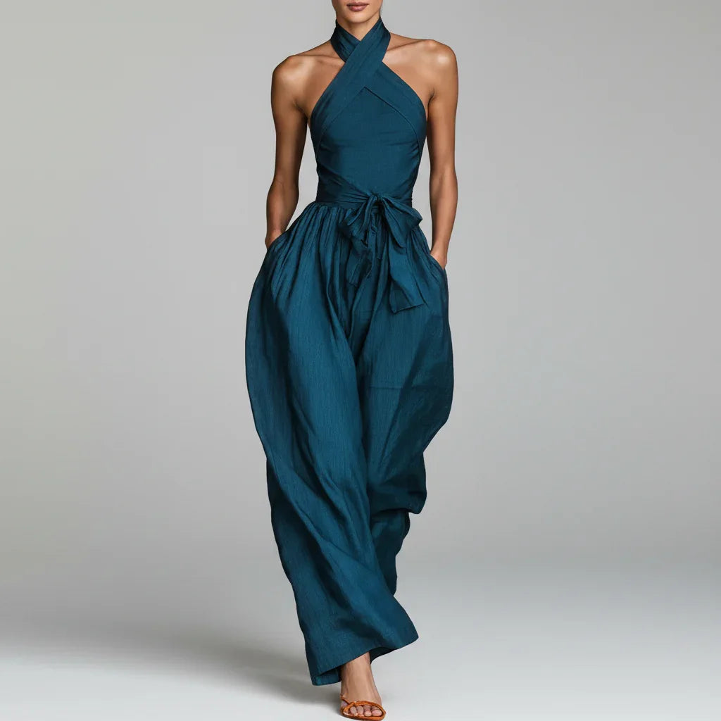 Macacão Longo Halter Backless Wide Leg Amarração élégant Lenogue Azul / Pp