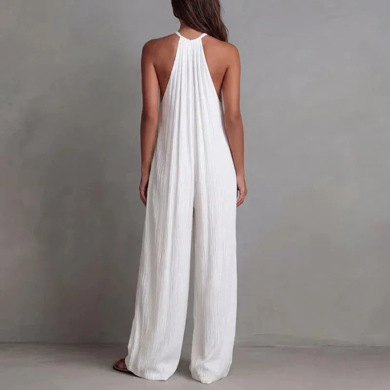 Macacão Longo Halter Wide Leg Texturizado Bolsos Chic Lenogue