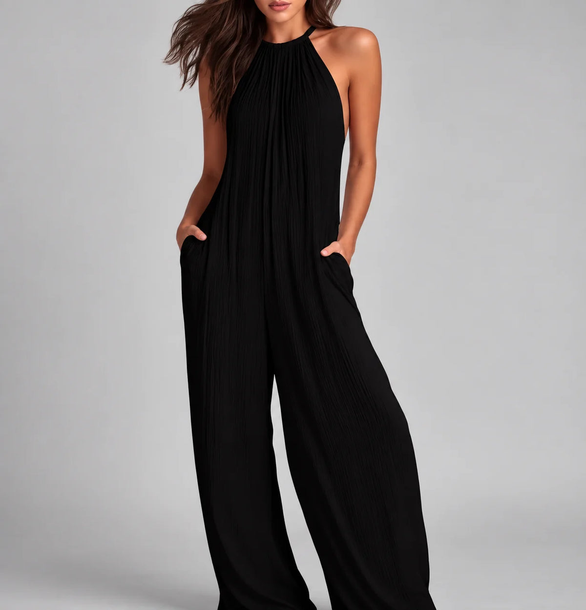 Macacão Longo Halter Wide Leg Texturizado Bolsos Chic Lenogue Preto / p
