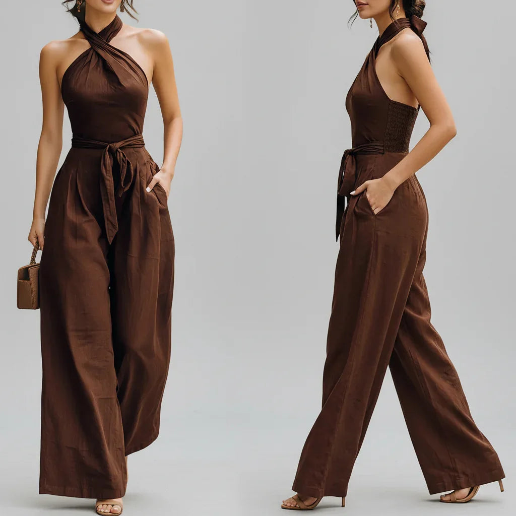 Macacão Longo Linho Halter Wide Leg Amarração Marrom Chic Lenogue