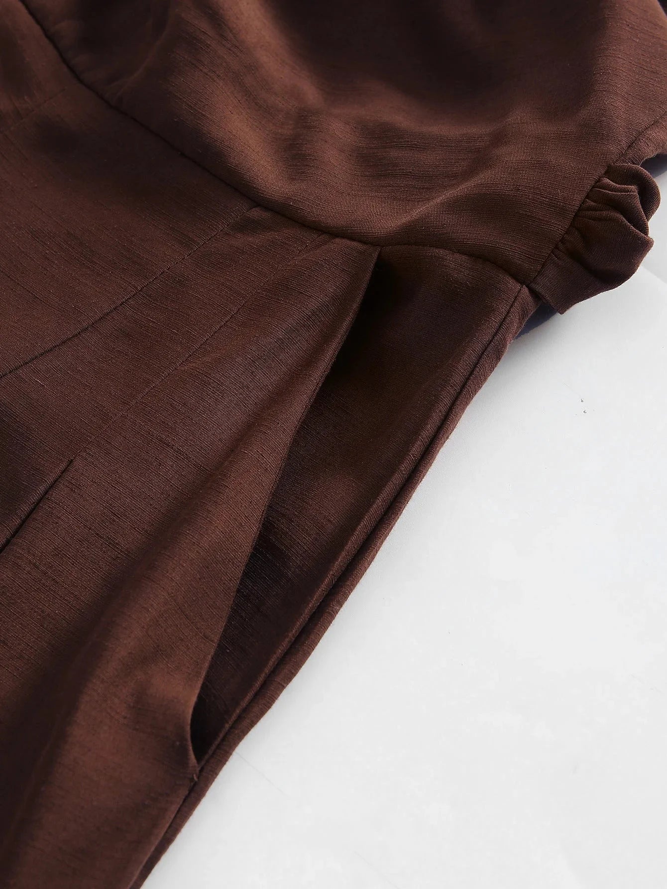 Macacão Longo Linho Halter Wide Leg Amarração Marrom Chic Lenogue