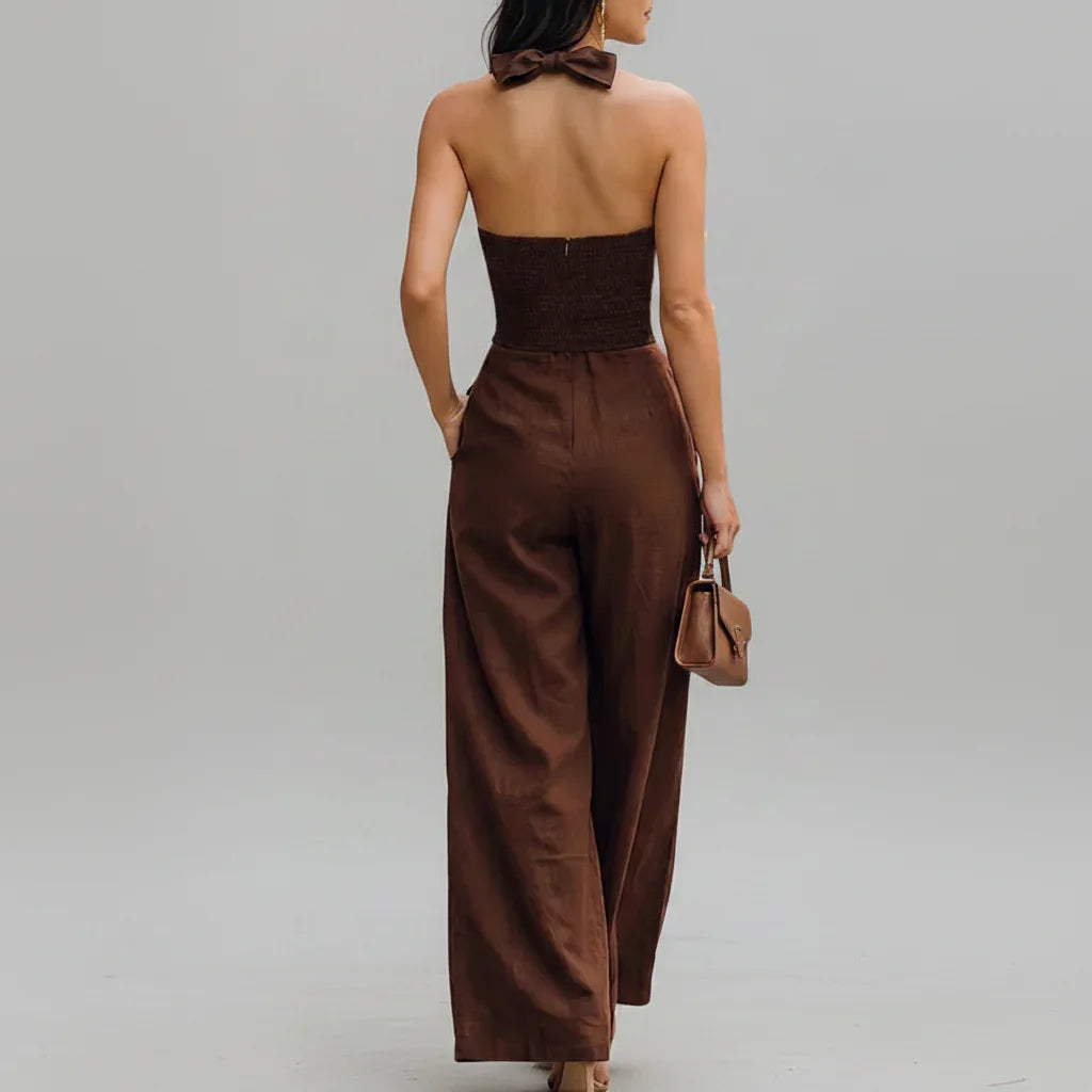 Macacão Longo Linho Halter Wide Leg Amarração Marrom Chic Lenogue