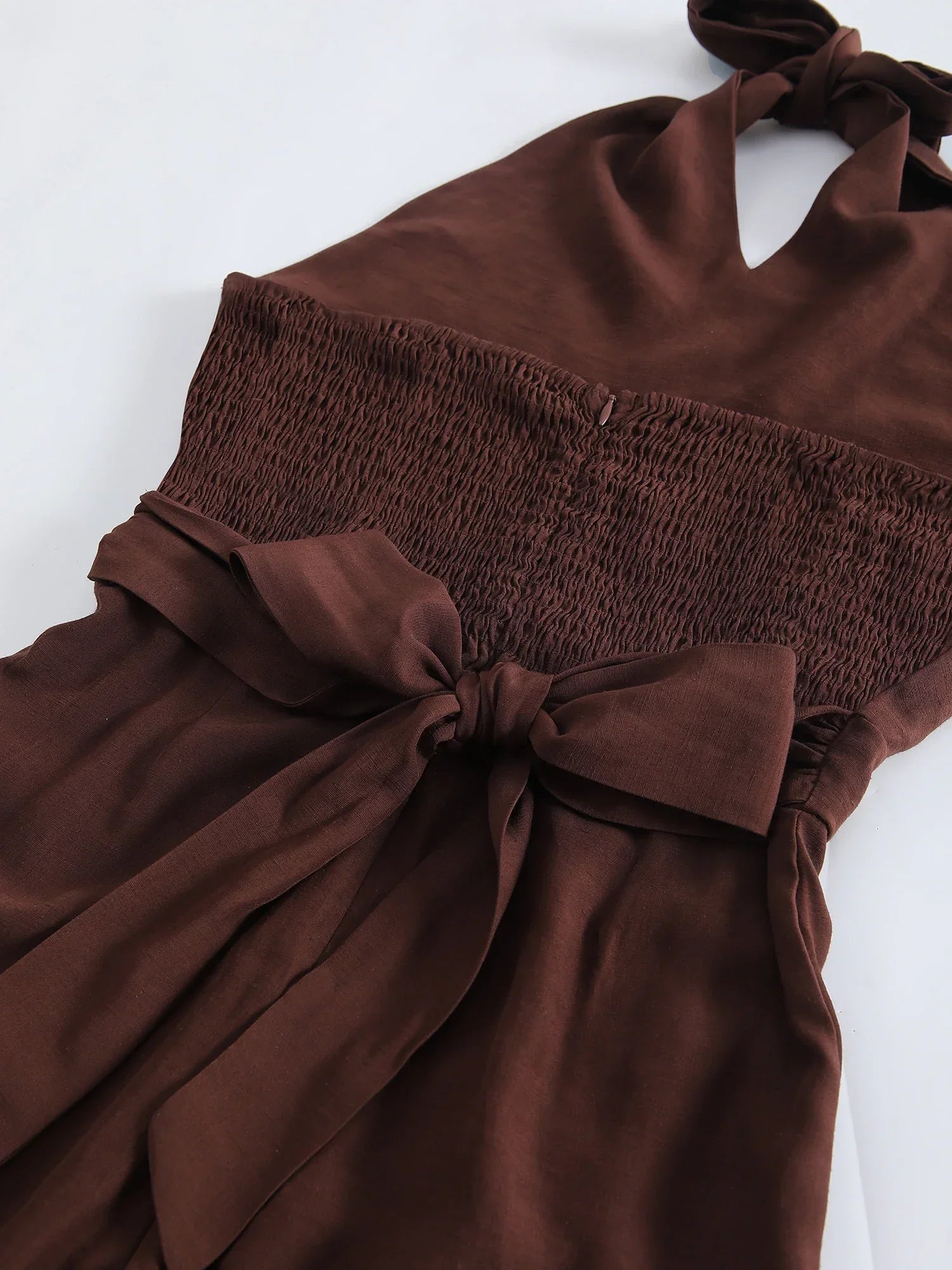 Macacão Longo Linho Halter Wide Leg Amarração Marrom Chic Lenogue