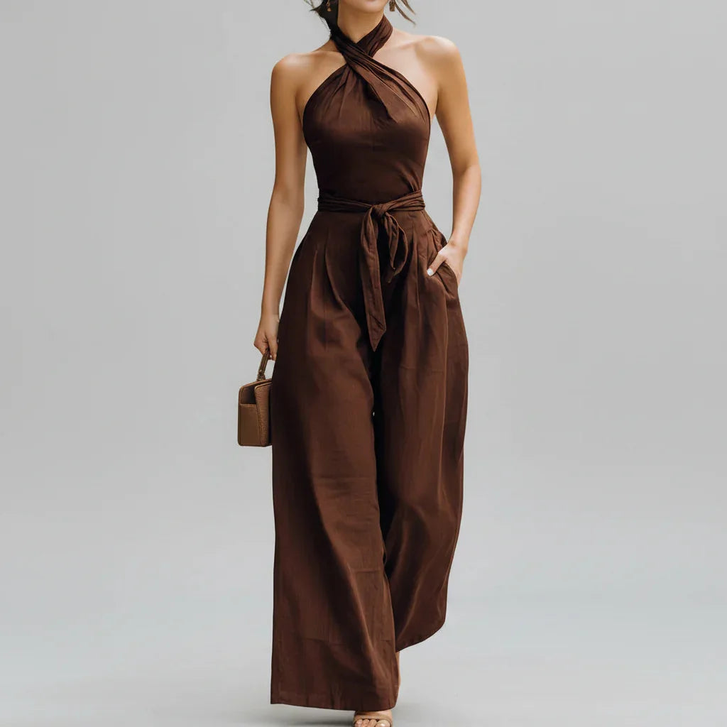 Macacão Longo Linho Halter Wide Leg Amarração Marrom Chic Lenogue / p