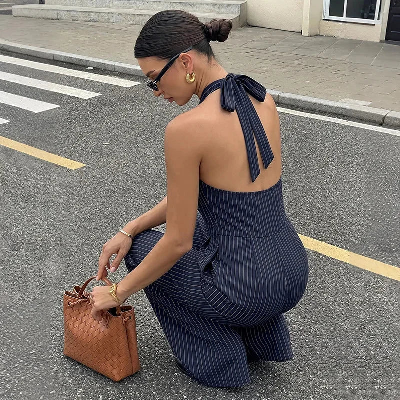 Macacão Longo Listrado Halter Backless Slim Elegante Lenogue