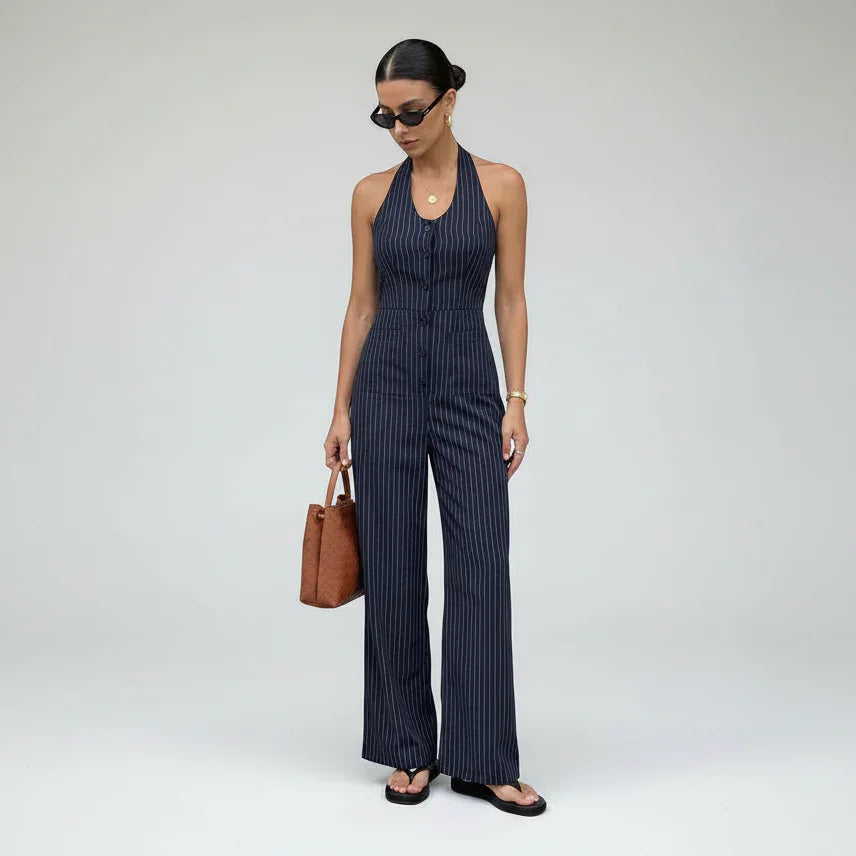 Macacão Longo Listrado Halter Backless Slim Elegante Lenogue Azul / p