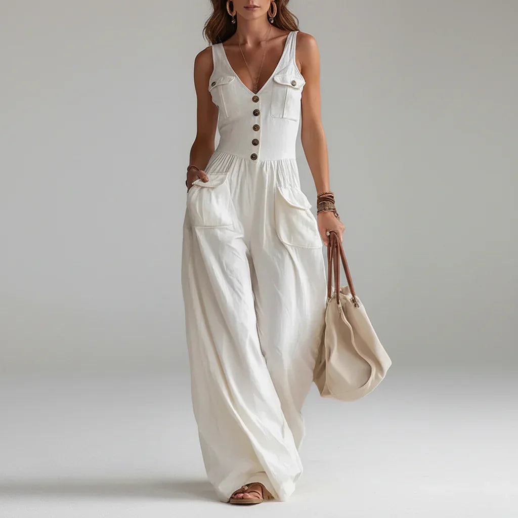 Macacão Longo Wide Leg Decote v Botões Cintura Alta Chic Lenogue