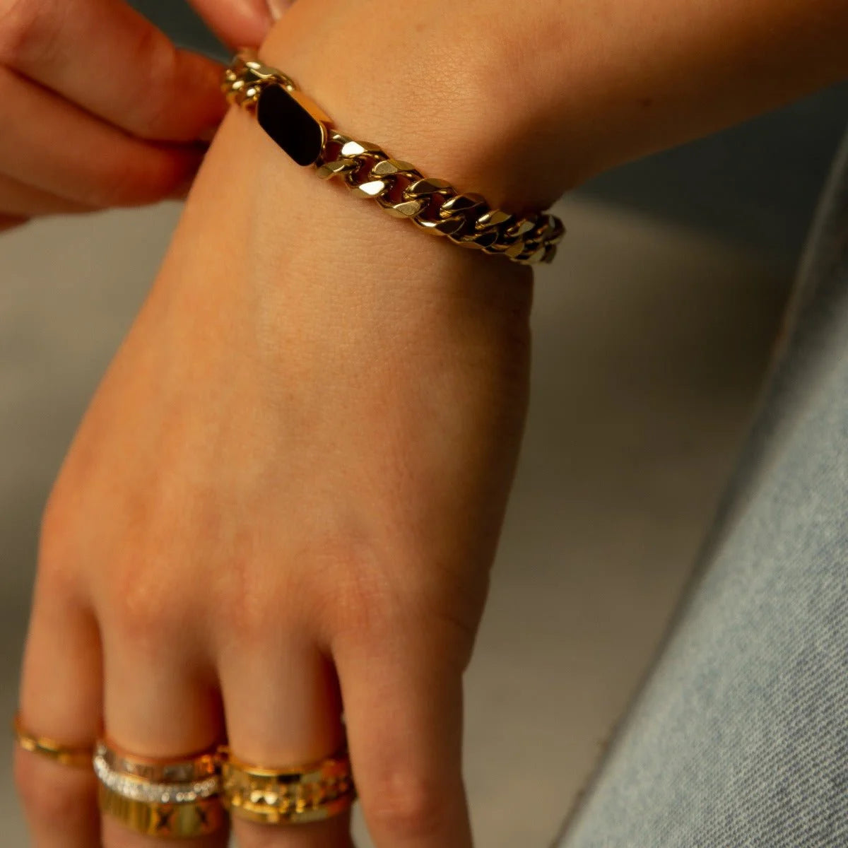 Pulseira Imperial de Corrente Pingente Retangular Banhada em Ouro 18k Lenogue 16cm