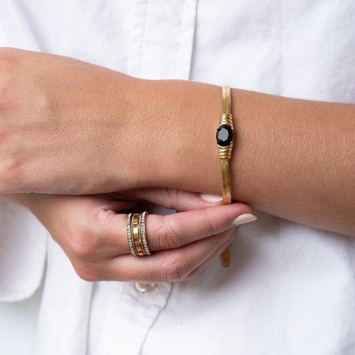 Pulseira Royal Malha Pedra ônix Lenogue Ouro