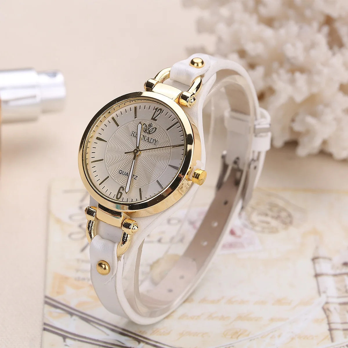 Relógio Feminino de Couro com Pulseira e Fivela Éclat Lenogue Branco