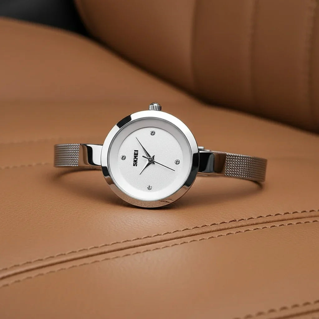 Relógio Feminino Quartzo Pulseira de Aço Inoxidável Lenogue Prata