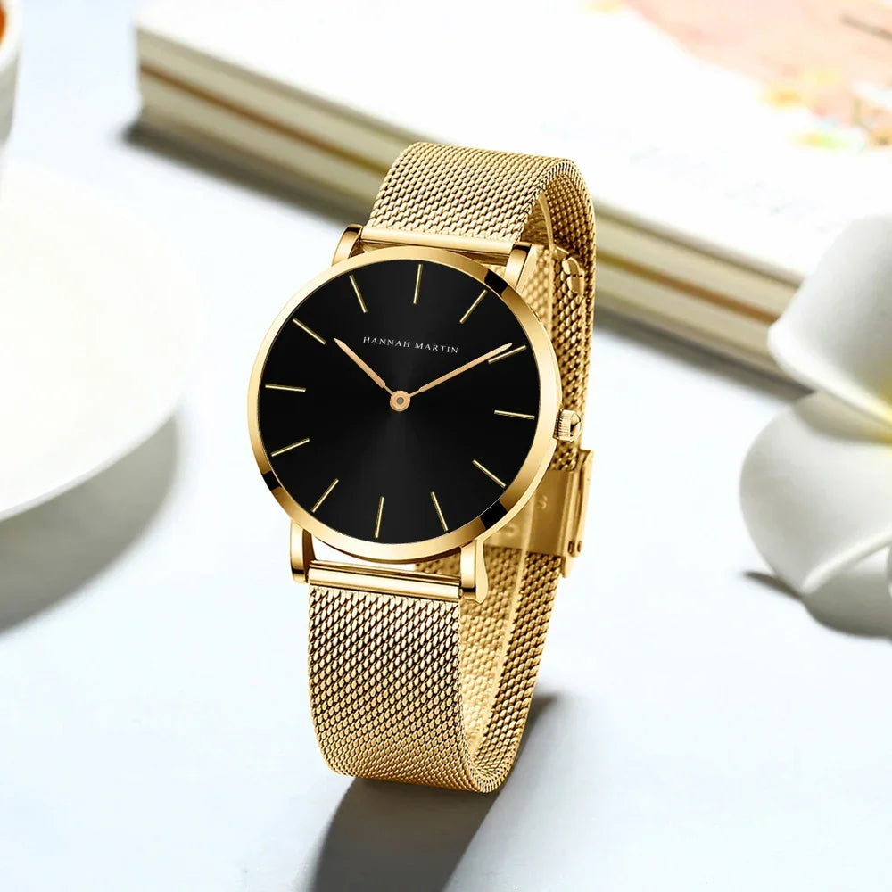 Relógio Luxurious Feminino Quartzo Malha de Aço Gold Lenogue Dourado e Preto / Inoxidável