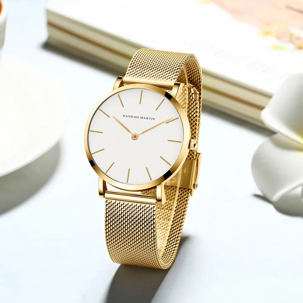 Relógio Luxurious Feminino Quartzo Malha de Aço Gold Lenogue
