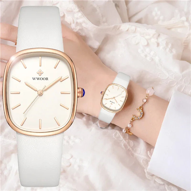 Relógio Noble Feminino Luxo Couro à Prova D’água Lenogue Branco & Ouro Rosê