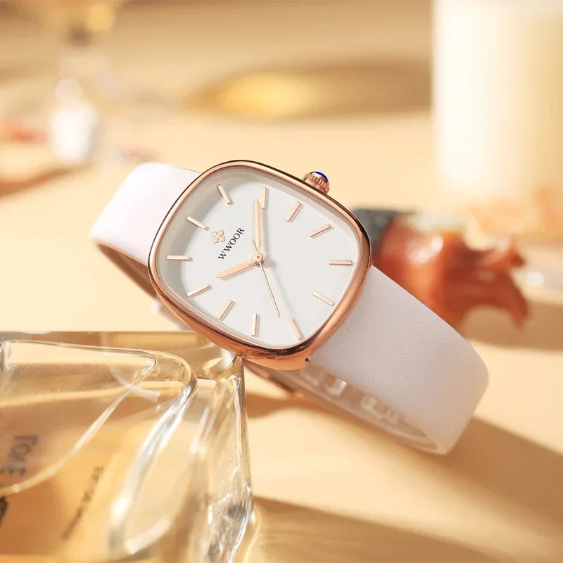 Relógio Noble Feminino Luxo Couro à Prova D’água Lenogue Branco & Ouro Rosê