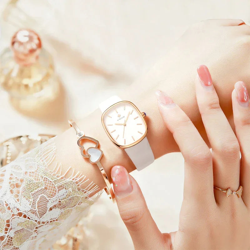 Relógio Noble Feminino Luxo Couro à Prova D’água Lenogue Branco & Ouro Rosê