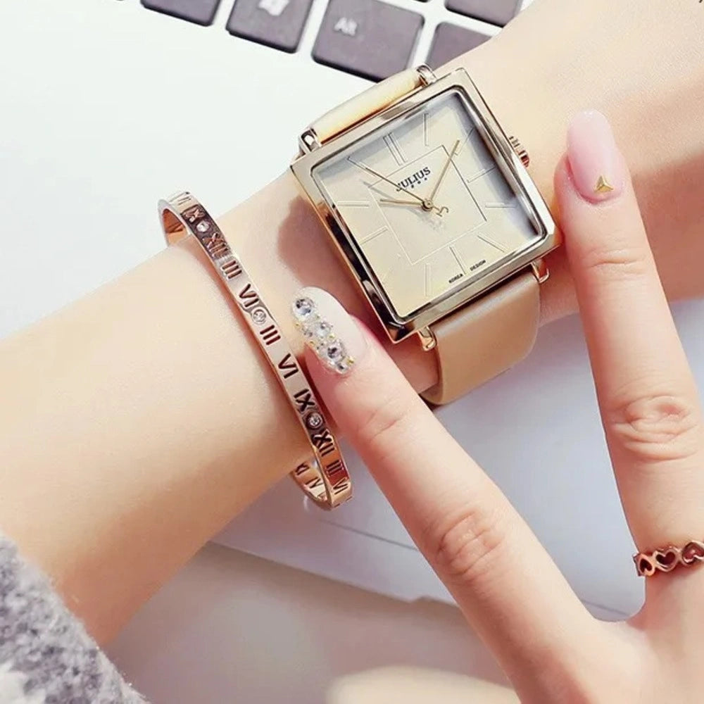 Relógio Quadrado de Couro com Pulseira Ajustável Élégant Lenogue