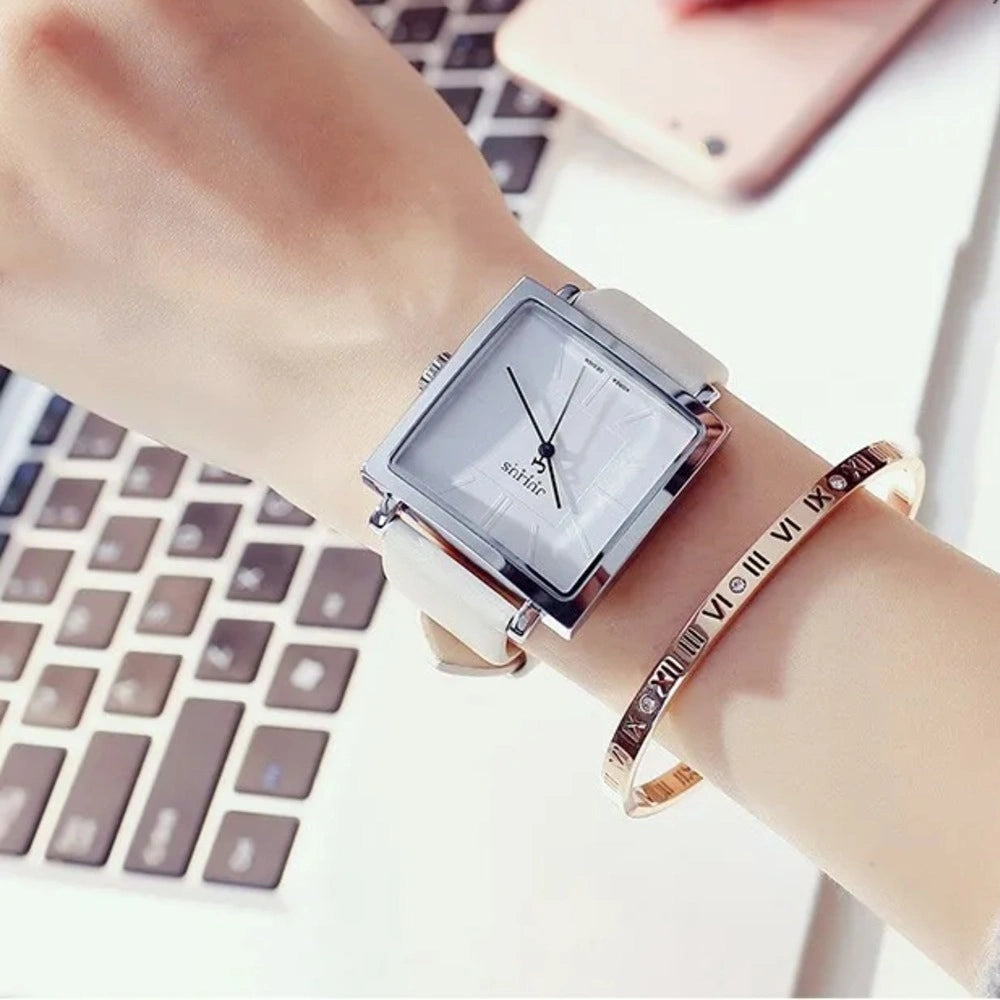 Relógio Quadrado de Couro com Pulseira Ajustável Élégant Lenogue