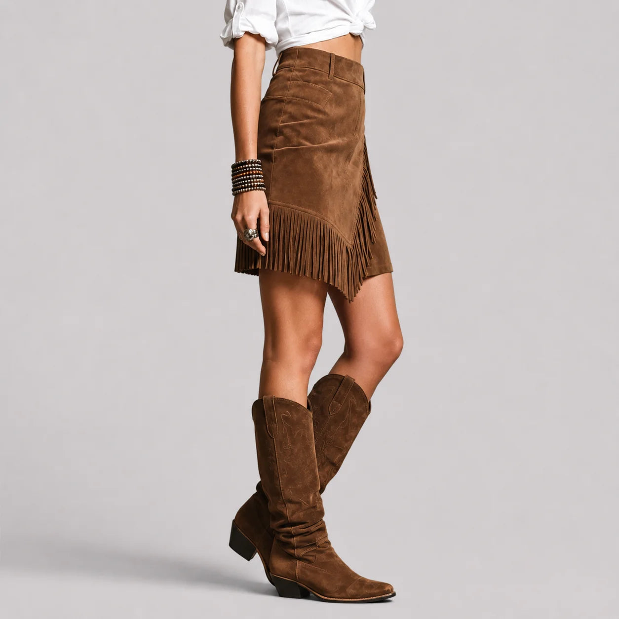 Saia Curta de Suede com Franjas Marrom Vintage Chic Lenogue
