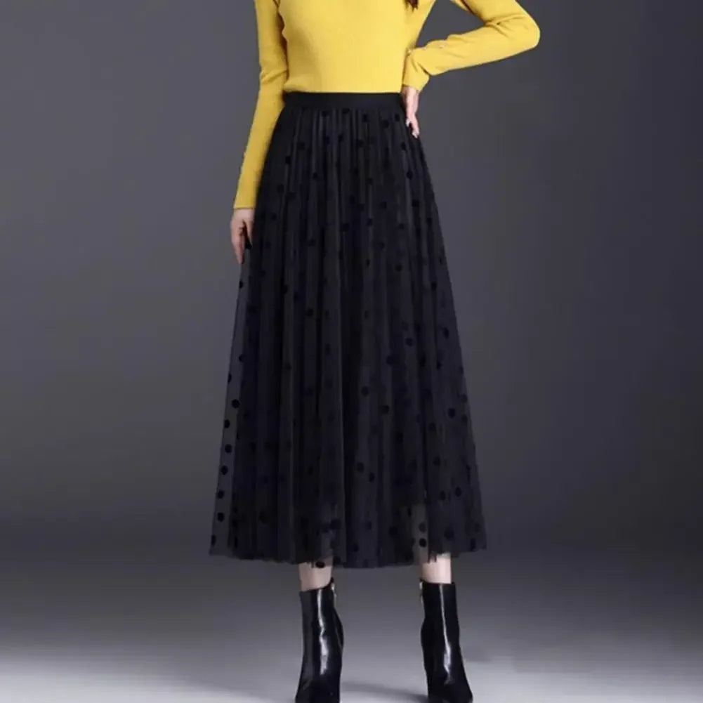 Saia Longa Plissada em Tule com Cintura Elástica Lenogue Preto / m