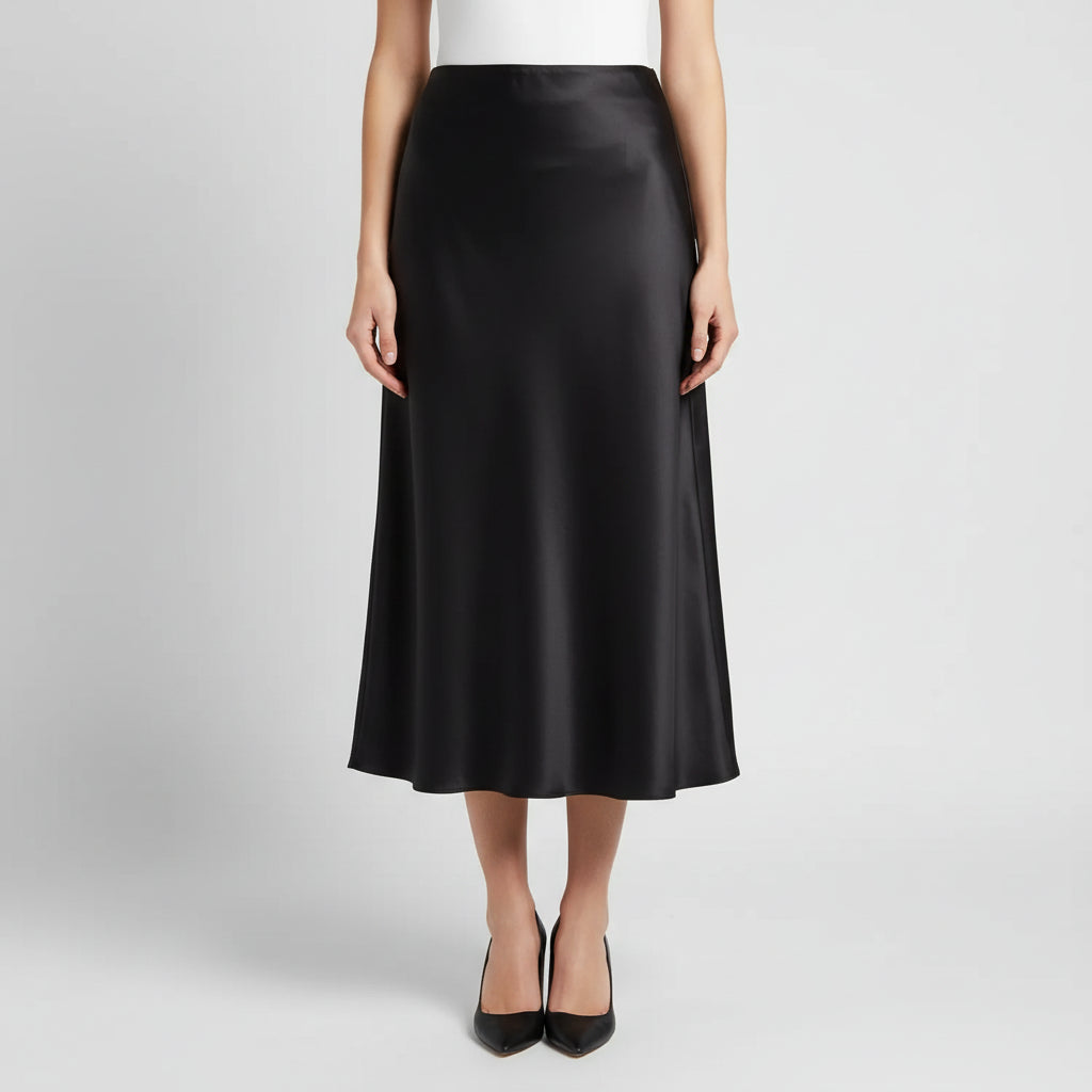 Saia Midi de Cetim com Cintura Alta para Escritório Lenogue