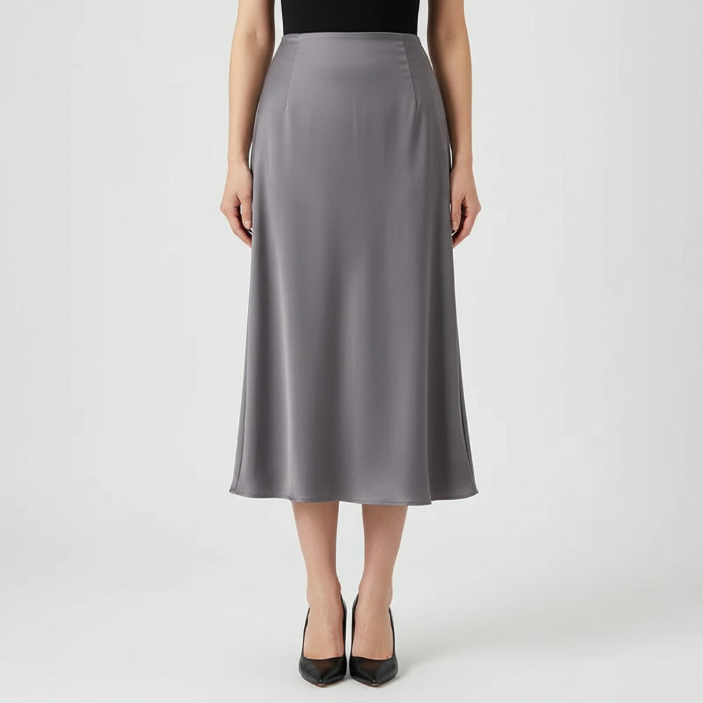 Saia Midi de Cetim com Cintura Alta para Escritório Lenogue Cinza / Pp