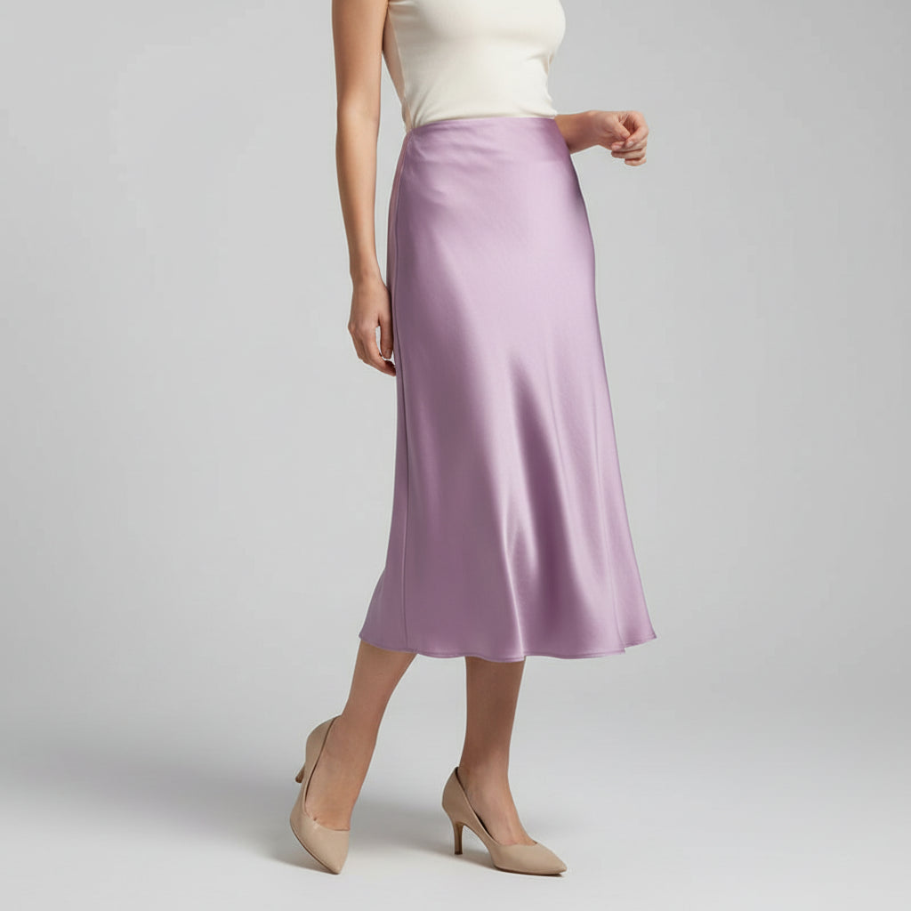 Saia Midi de Cetim com Cintura Alta para Escritório Lenogue Roxo / Pp