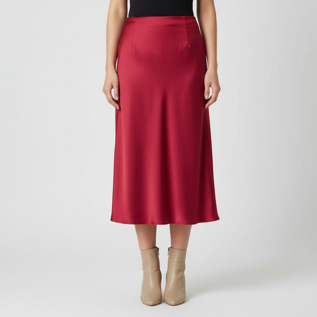 Saia Midi de Cetim com Cintura Alta para Escritório Lenogue Vermelho / Pp