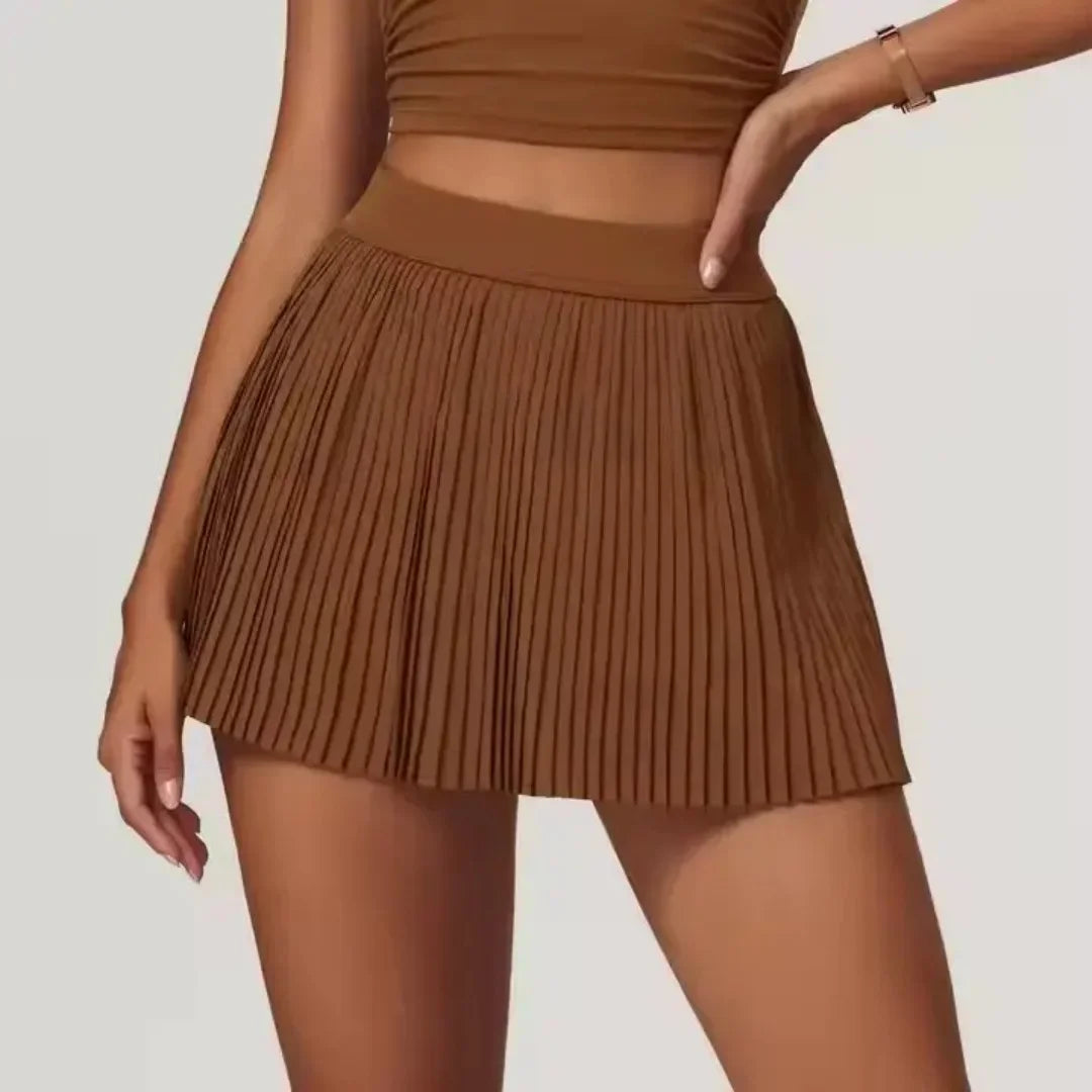 Saia Shorts de Nylon Plissada com Elastano Lenogue Marrom / p