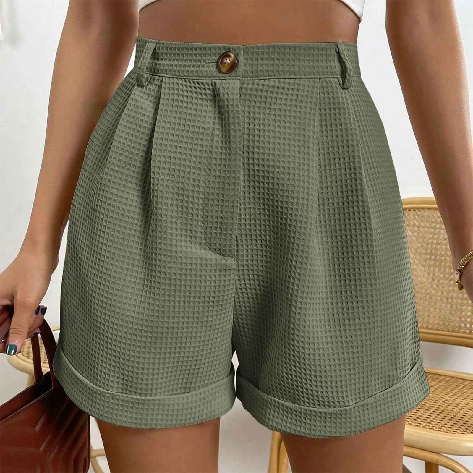 Shorts Xadrez com Bolsos e Cintura Média élégant Lenogue