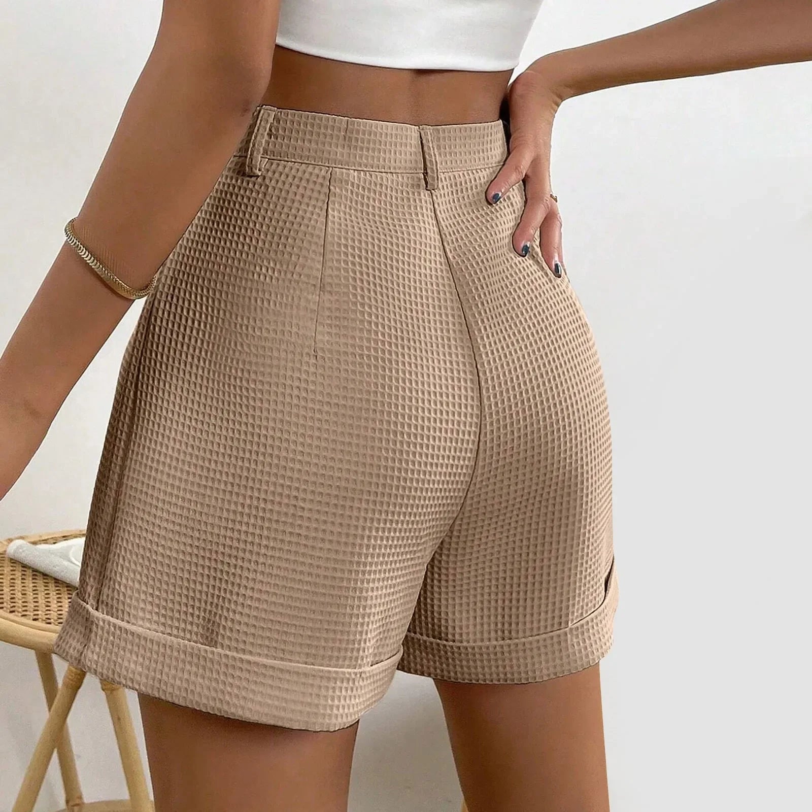 Shorts Xadrez com Bolsos e Cintura Média élégant Lenogue
