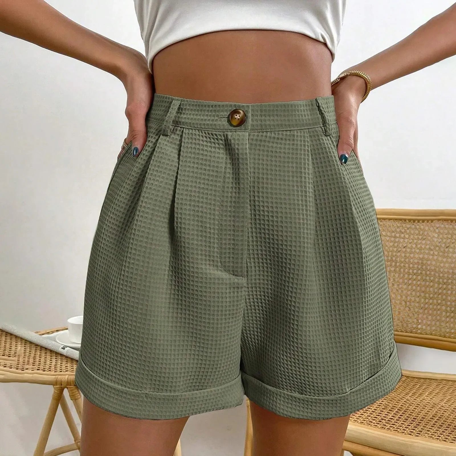 Shorts Xadrez com Bolsos e Cintura Média élégant Lenogue Verde Escuro / p