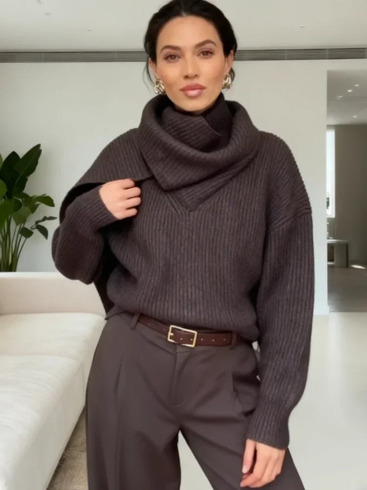 Suéter de Tricot Gola Cachecol com Manga Longa Solto Couture Lenogue