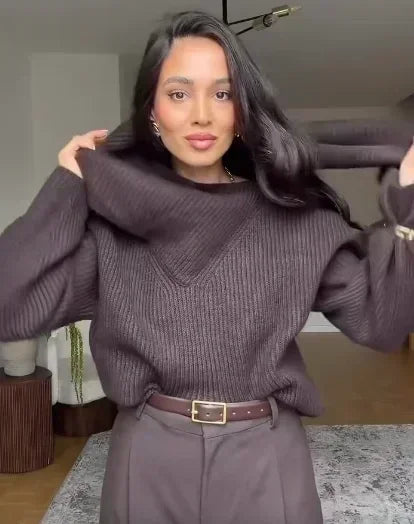 Suéter de Tricot Gola Cachecol com Manga Longa Solto Couture Lenogue