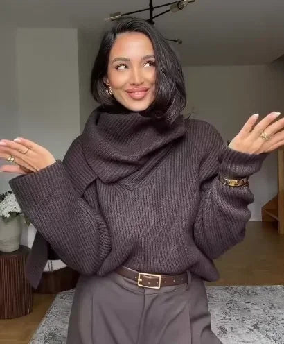Suéter de Tricot Gola Cachecol com Manga Longa Solto Couture Lenogue