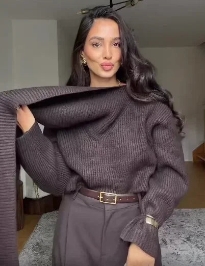 Suéter de Tricot Gola Cachecol com Manga Longa Solto Couture Lenogue