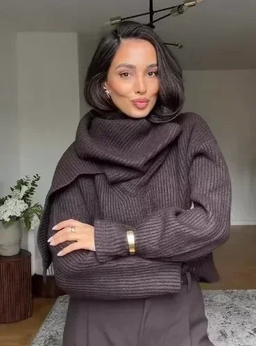 Suéter de Tricot Gola Cachecol com Manga Longa Solto Couture Lenogue
