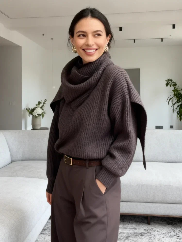 Suéter de Tricot Gola Cachecol com Manga Longa Solto Couture Lenogue